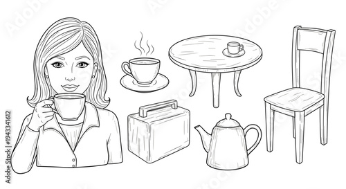 A content woman is enjoying a cup of hot coffee or tea, surrounded by classic breakfast and tea-time items like a teapot, a small table, and a chair.