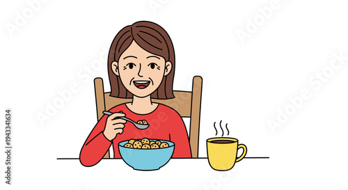 A happy woman with a cheerful smile is enjoying a bowl of cereal with a spoon, accompanied by a steaming cup of hot coffee or tea for breakfast.