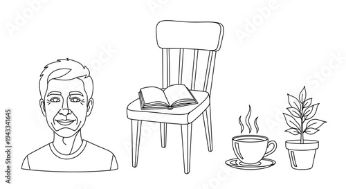 A contemplative man's bust is depicted alongside a wooden chair holding an open book, a steaming cup of coffee, and a small potted plant, representing a quiet, thoughtful moment.