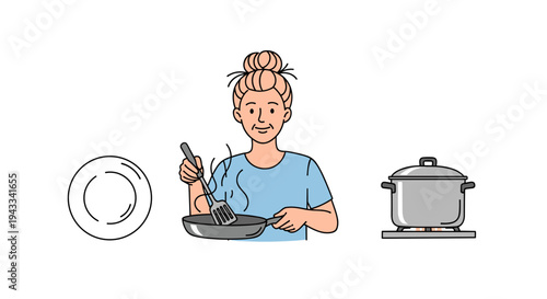 A smiling woman with her hair in a bun is happily cooking a meal in a frying pan with a spatula, next to a large pot, demonstrating domestic culinary activity.