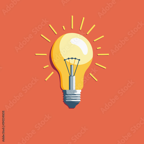 Bright Illuminated Lightbulb Icon Symbolizing Creative Ideas and Innovation on a Bold Orange Background with Reflections and Radiating Lines