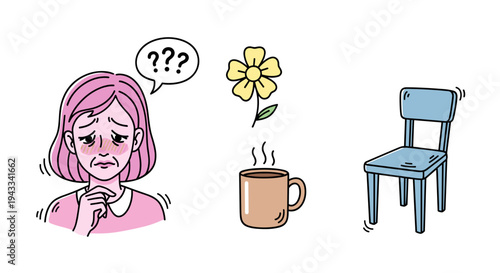 A distressed woman with pink hair experiences confusion and anxiety surrounded by a flower, a hot drink, and an empty chair.