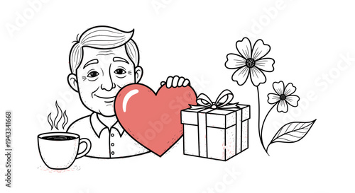 A smiling older man holds a red heart and a gift box, accompanied by a coffee cup and flowers, conveying love and appreciation.