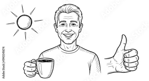 A man smiles confidently while holding a coffee cup and giving a thumbs-up gesture under a bright sun, signifying a great start to the day.