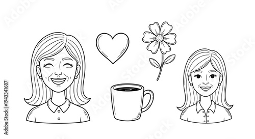 Two cheerful women, one with a wide smile and the other with a gentle expression, are depicted alongside symbols of affection, nature, and comfort, including a heart, a flower, and a cup of coffee.