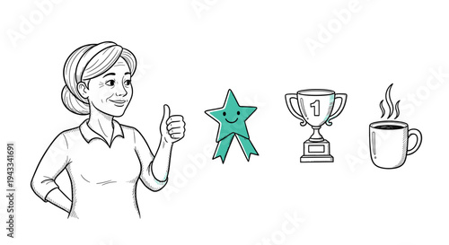 A woman with an encouraging smile gives a thumbs-up gesture, symbolizing success and positive achievement alongside a star, a trophy, and a warm cup of coffee.