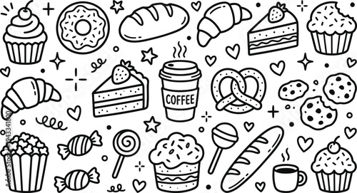 Hand drawn bakery and coffee shop icons: delicious pastries, bread, donuts, cupcakes, and hot drinks in black and white doodle style