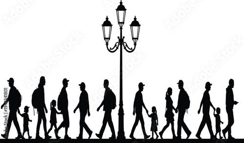 Street silhouettes, people walking, adults children, backpacks, family groups, decorative lamp, urban lifestyle, everyday motion, community diversity illustration artwork