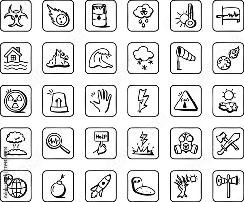 Disaster and danger icons: set of hand-drawn symbols for natural disasters, pollution, health hazards, and safety warnings