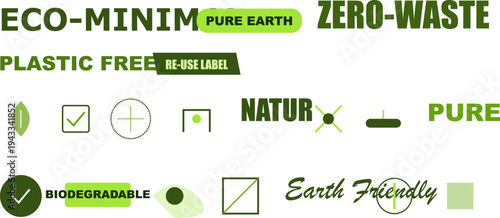 Eco-friendly green vector icon and text collection for sustainable, zero-waste, and pure earth products.