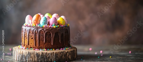 Easter chocolate cake with eggs, rustic background
