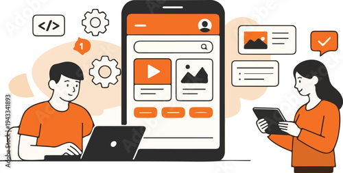 Mobile App Development Process Software Engineering Team Building Smartphone Application Vector Illustration