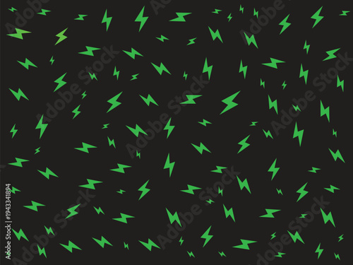 Seamless pattern with green lightning bolts on a dark black background
