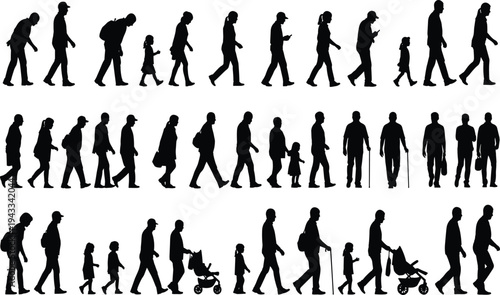 Walking silhouettes, diverse people, adults children, elderly with cane, baby stroller, backpacks, mobile phone, everyday life, community diversity illustration artwork