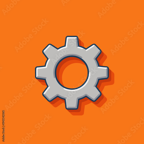 Illustration of a Metallic Silver Gear on a Vivid Orange Background Emphasizing Industrial and Mechanical Themes