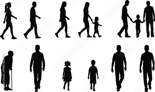 Walking silhouettes, diverse people, adults children, elderly with cane, baby stroller, casual attire, everyday life, generational diversity, community illustration artwork