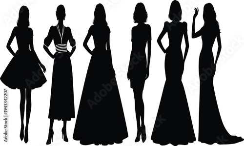 Women silhouettes, fashion dresses, elegant gowns, stylish poses, puffed sleeves, fitted bodices, diverse styles, modeling stance, clothing design, fashion diversity