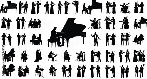 Black silhouette collection of classical musicians playing grand piano, violin, cello, drums, and orchestral performers in various musical poses isolated