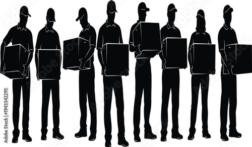 Worker silhouettes, delivery personnel, carrying boxes, uniformed staff, teamwork concept, labor illustration, warehouse job, logistics workers, group effort, silhouette art, employment theme