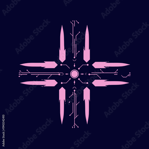 Abstract Geometric Design Featuring Symmetrical Arrangement of Vibrant Arrows and Lines on a Deep Blue Background with Central Circular Element