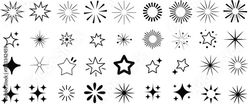 Doodle Sparkle and Burst Lines Icon Set, Hand Drawn Star Sparkle Shapes and Radiating Burst Elements for Decoration, Celebration, Magic Effects, and Creative Design Vector Illustration