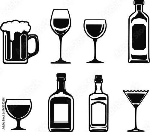 Selection of alcoholic beverage icons, showing beer mug, wine glasses, and bottles of liquor, suitable for pubs, restaurants, and drink-related design projects.