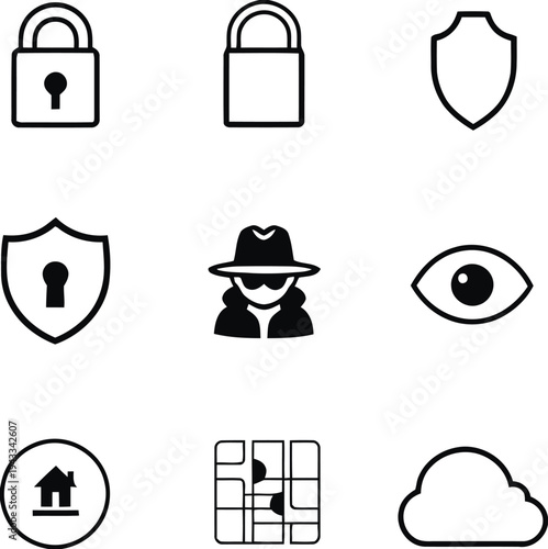 Security and privacy icons collection including locks shield spy eye map and cloud isolated on white background vector illustration