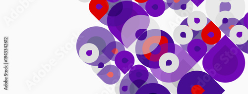 Abstract composition featuring overlapping circles. Purple, red hues dominate white background. Modern design, dynamic visual effect.