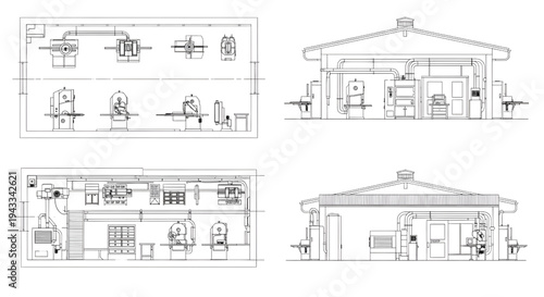 Woodworking Factory Blueprint Vector – Industrial Wood Processing Plant Multi View Technical Line Drawing Isolated on White