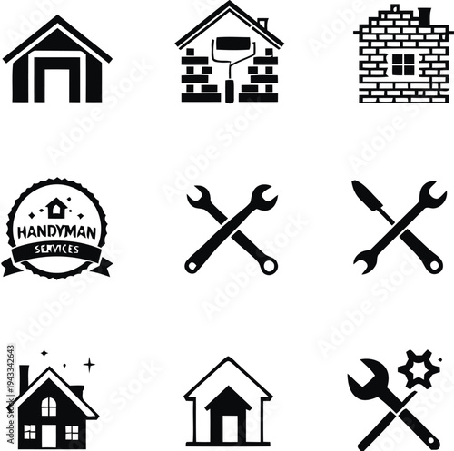 Set of black and white icons representing handyman services and home repair tools, symbolizing construction, renovation, and maintenance work for property improvement