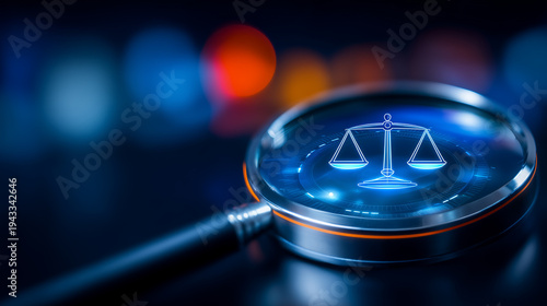 A magnifying glass highlighting balanced scales on a digital display, representing legal analysis, compliance review, and the pursuit of justice in modern systems.
