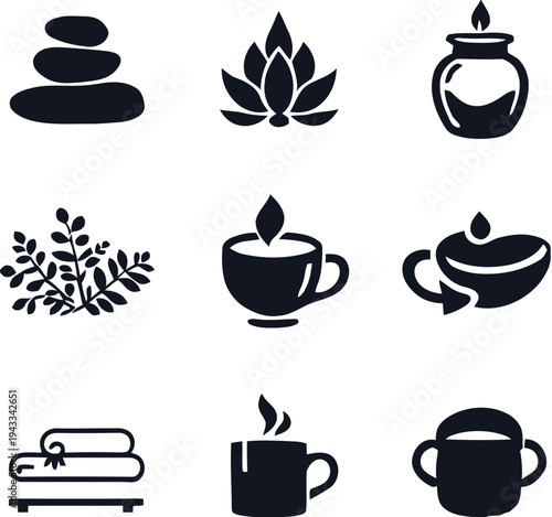 Set of black spa and wellness icons including stacked stones, lotus flower, oil lamp, herbs, hot tea cup and rolled towels for relaxation and beauty concepts