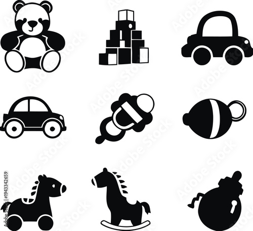 Set of children's toys silhouette icons including teddy bear building blocks toy cars rocking horse rattle and baby bottle for childhood and play themes