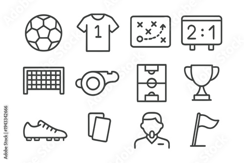 Set of clean line drawing icons related to football soccer game symbols representing equipment players field and results for sport media