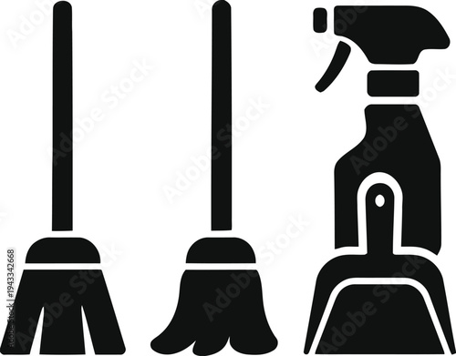 Set of cleaning supplies including brooms dustpan and spray bottle flat icon set vector illustration isolated on white background for household chores and hygiene concept