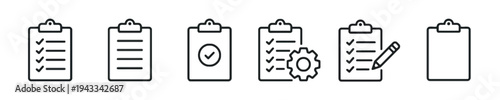 Set of clipboard icons showcasing different stages of task management, including checklists, completed tasks, settings, and empty clipboard in outline vector style.