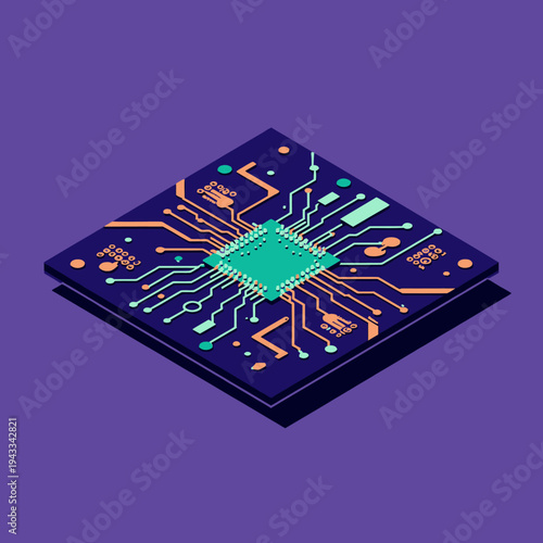 Illustration of a Microchip on a Purple Background Highlighting Circuit Pathways and Electronic Components