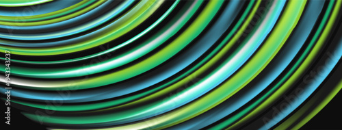 Abstract lines create dynamic curves. Vibrant colors blend, forming flowing patterns. Dark background emphasizes bright shapes.
