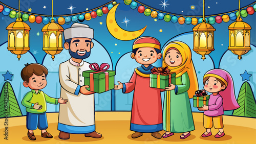 Vector illustration of a Muslim family exchanging gifts on Eid