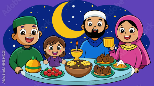 Vector illustration of a Muslim family breaking fast during Ramadan