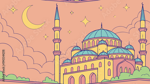 Vector illustration of a colorful mosque with domes and minarets