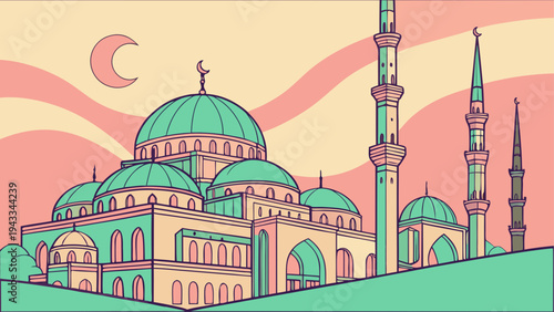 Vector illustration of a mosque with green domes and minarets