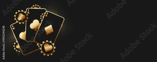 Black and gold playing cards take center stage. VIP casino backgrounds, invitations, banners, and website banners. Casino background design with space for text.