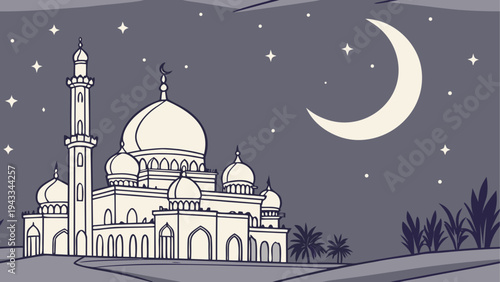 Vector illustration of mosque under starry night sky with crescent moon