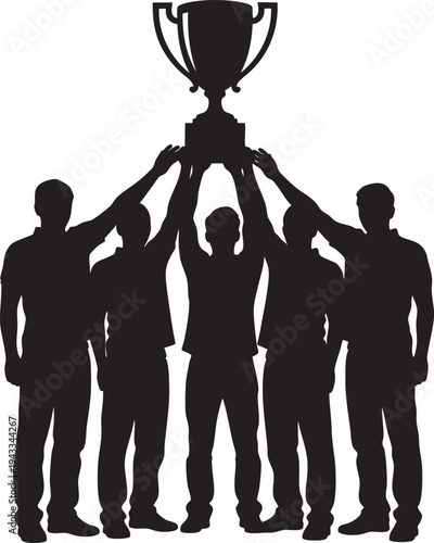 Silhouette of a triumphant team collectively raising a prestigious trophy, symbolizing victory and shared achievement