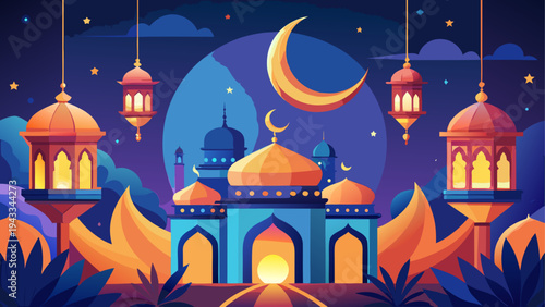 Vector illustration of mosque with lanterns at night