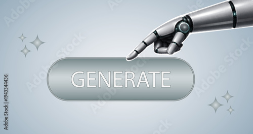 Robot hand pressing "Generate" button on artificial intelligence interface concept on gray background