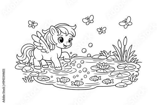 Cute cartoon pegasus with wings plays in a pond with fish and butterflies
