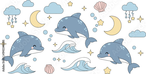 Cute cartoon dolphins swimming with waves clouds moon stars and seashells pastel nursery ocean animal vector set