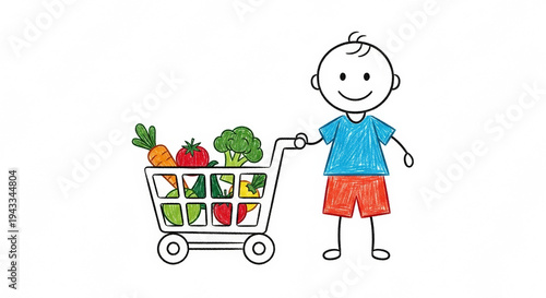 Child pushing shopping cart filled with vegetables in colorful drawing  